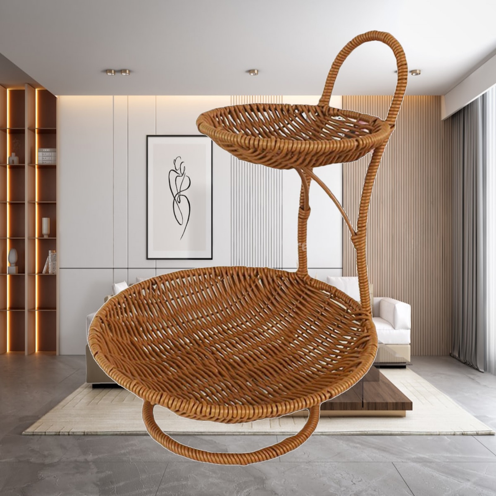 Rattan Tray Handle - 丸型フードサービングバスケット収納ラック 多用途 軽量 カウンタートップオーガナイザー 模造ラタン製パンホルダー トップハンドル付き