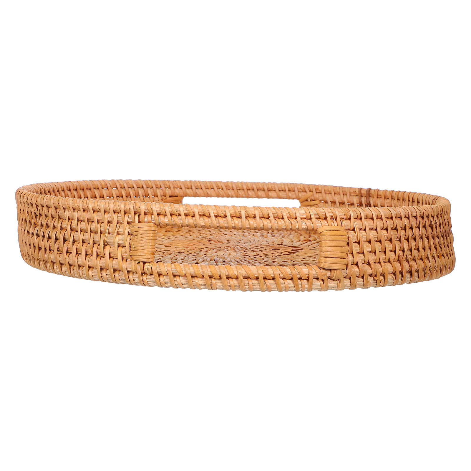Rattan Tray Handle - 14インチの丸い籐製大型サービングトレイ、フルーツやスナック用、天然手編みバスケット、中空ハンドル付き収納トレイ、キッチン用