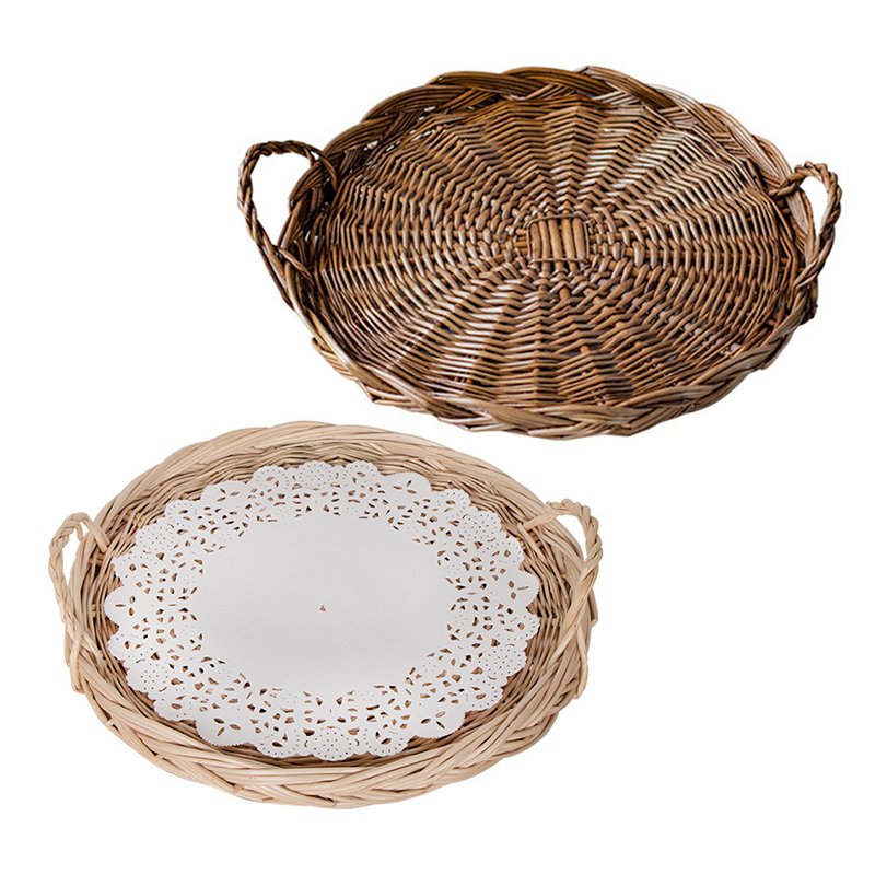 Rattan Tray Handle - ハンドル付き手織り籐バスケット、vietnuwicker収納トレイ、パン、果物、食品用の丸いバスケット