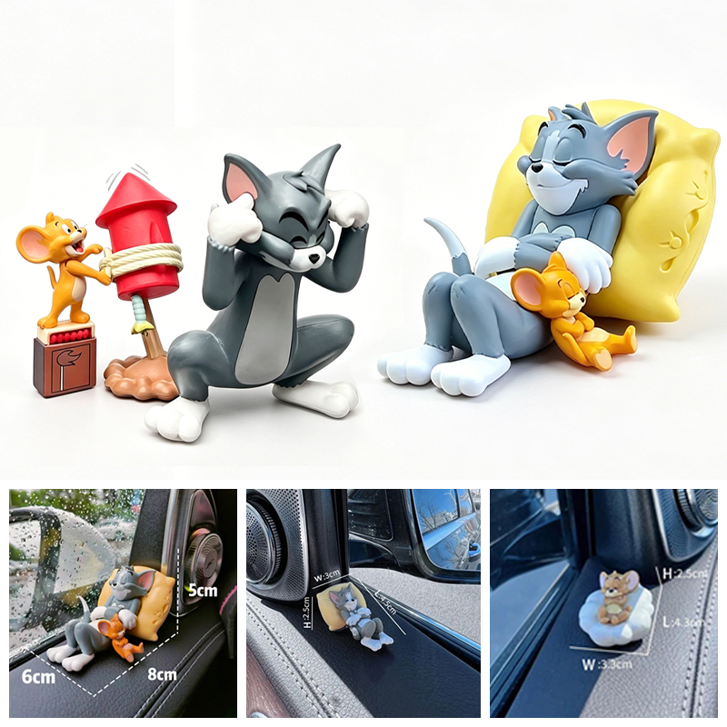 Interior Design Mockup - かわいいトムとジェリーのミニフィギュアオーナメント、漫画風樹脂製置物、車のダッシュボードインテリア装飾、デスクトップオフィスディスプレイ、ホリデーギフト