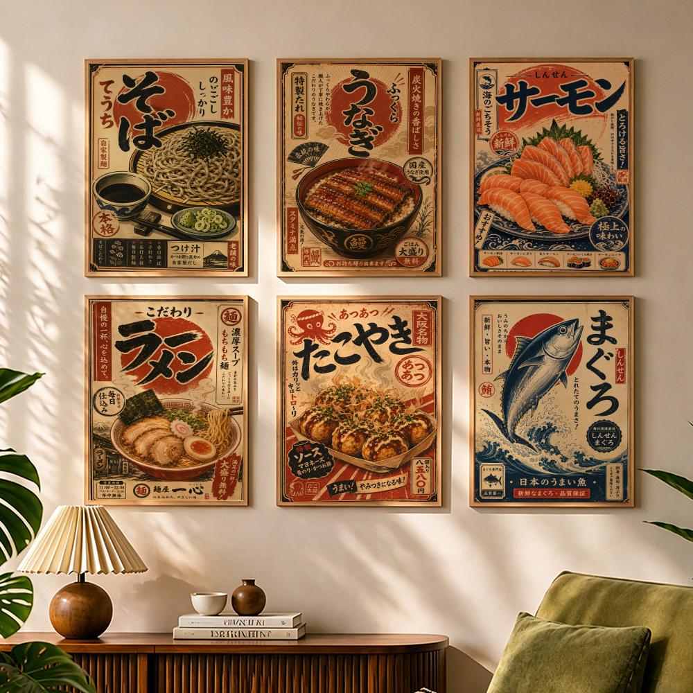 Interior Design Of House - ヴィンテージ日本の魚寿司ラミアン麺書道キャンバスポスター寝室リビングルームバー廊下家のインテリア壁装飾