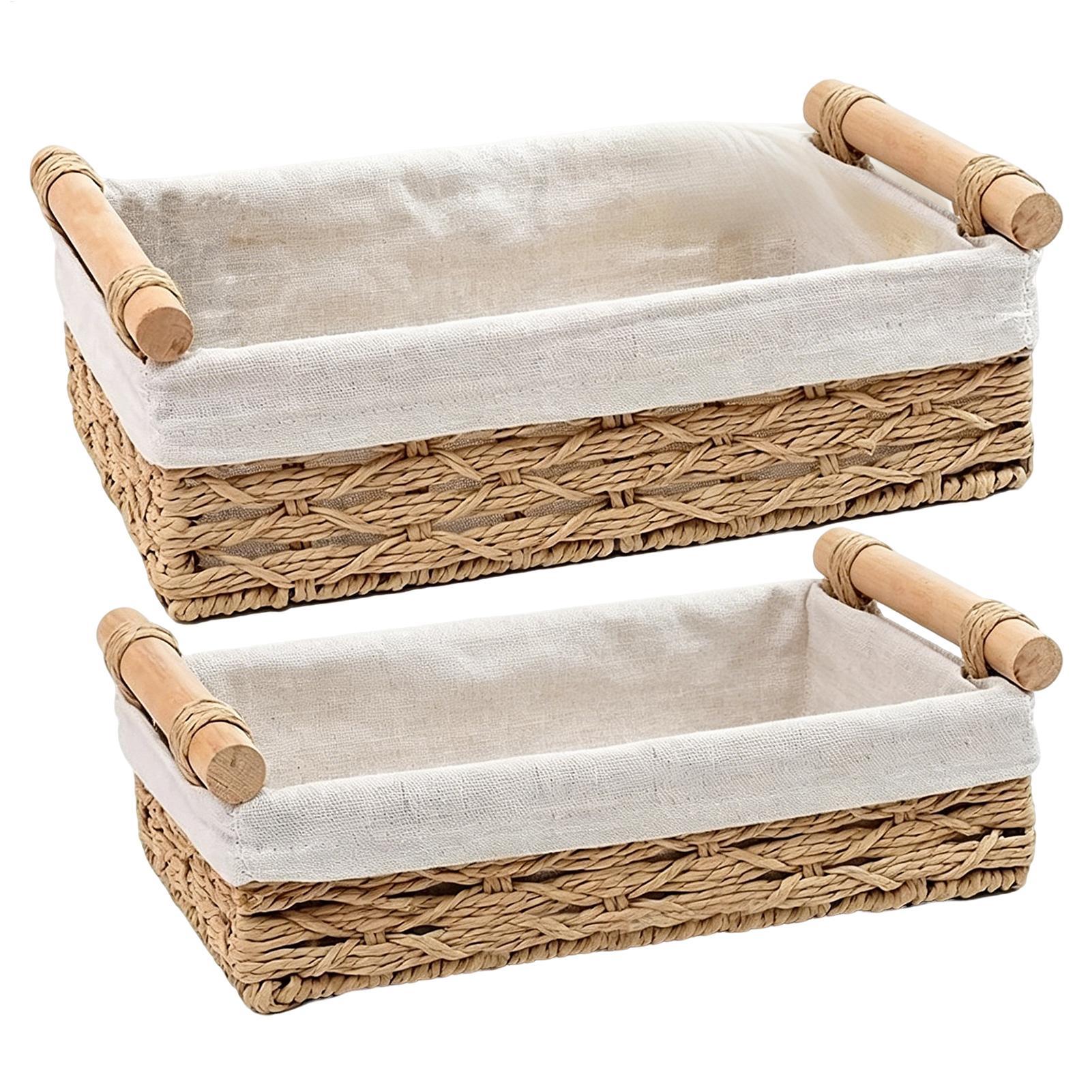 Rattan Tray Handle - ハンドルとライナー付き収納バスケット、デスクトップリモコンキー用の装飾オーガナイザーバスケット、家庭用カウンタートップ整理トレイ