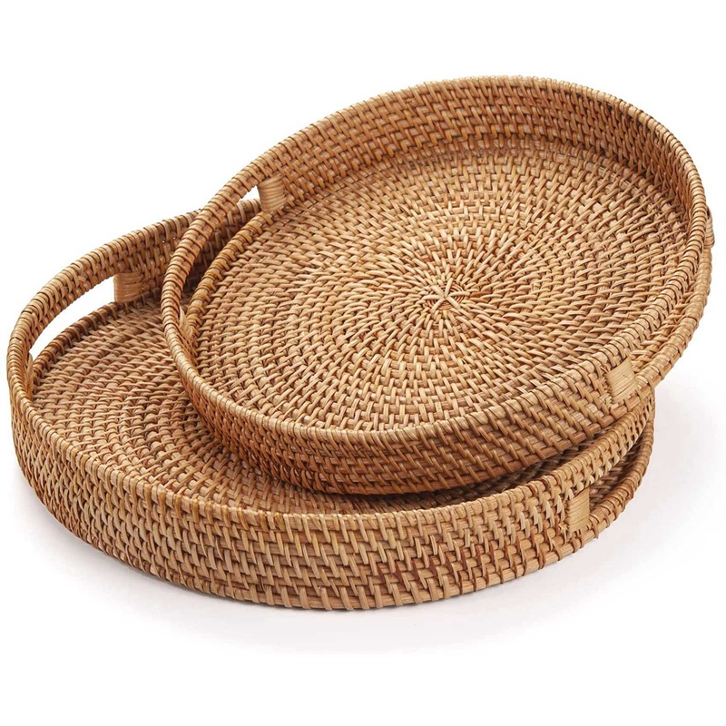 Rattan Tray Handle - 丸い籐製サービングトレイ、装飾的な編み込みオットマントレイ、コーヒーテーブル用ハンドル付き、ナチュラルカラー