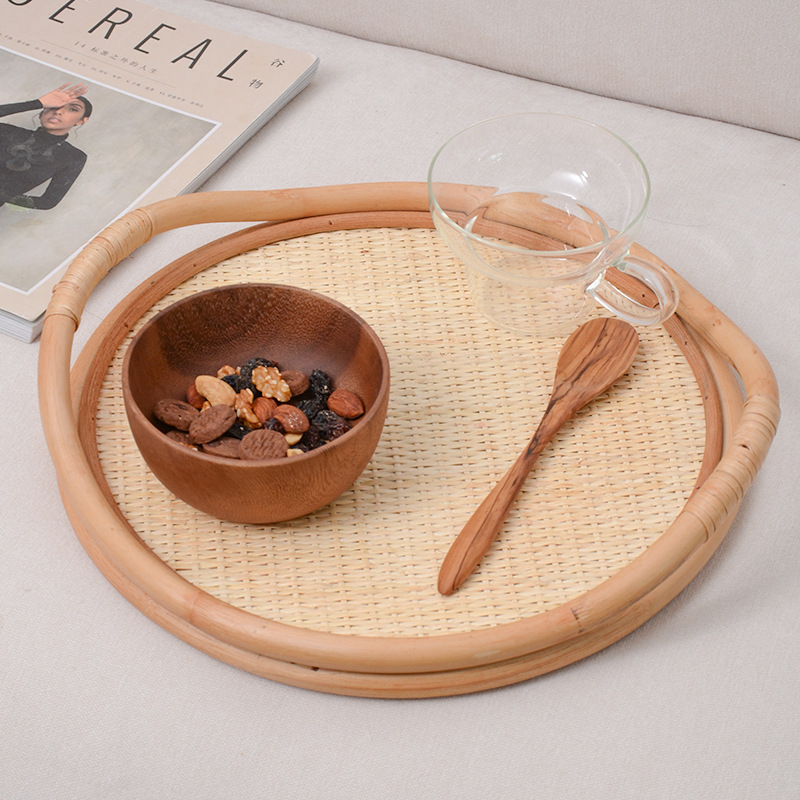 天然籐編みトレイ、収納ハンドルオーナメント、アフタヌーンティ - Rattan Tray Handle のレビューと価格