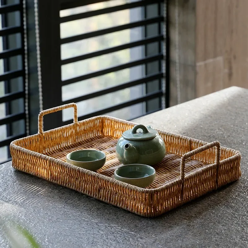 プラスチック収納トレイハンドル付き模造籐織りバスケット雑貨プ - Rattan Tray Handle のレビューと価格