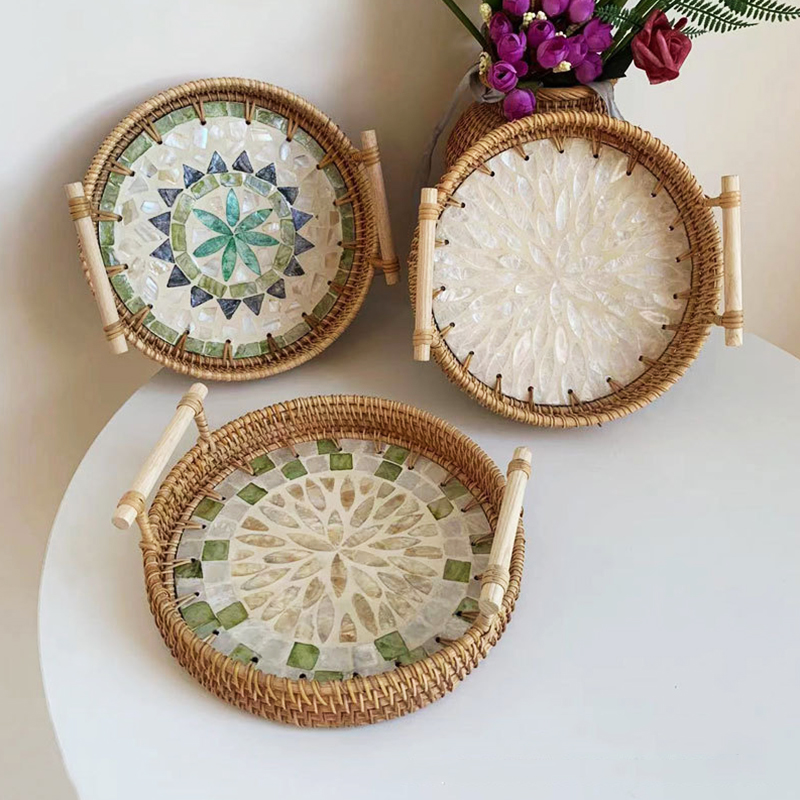 手作りの籐のトレイ,自由奔放に生きるスタイル,天然のシェル, - Rattan Tray Handle のレビューと価格
