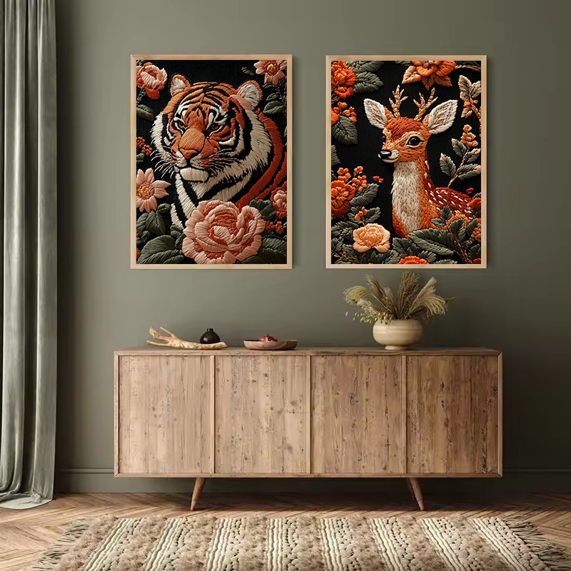 刺繍スタイルアート動物ポスター花柄ドラゴン鯉魚トラ猿ポスター - Interior Design Poster のレビューと価格