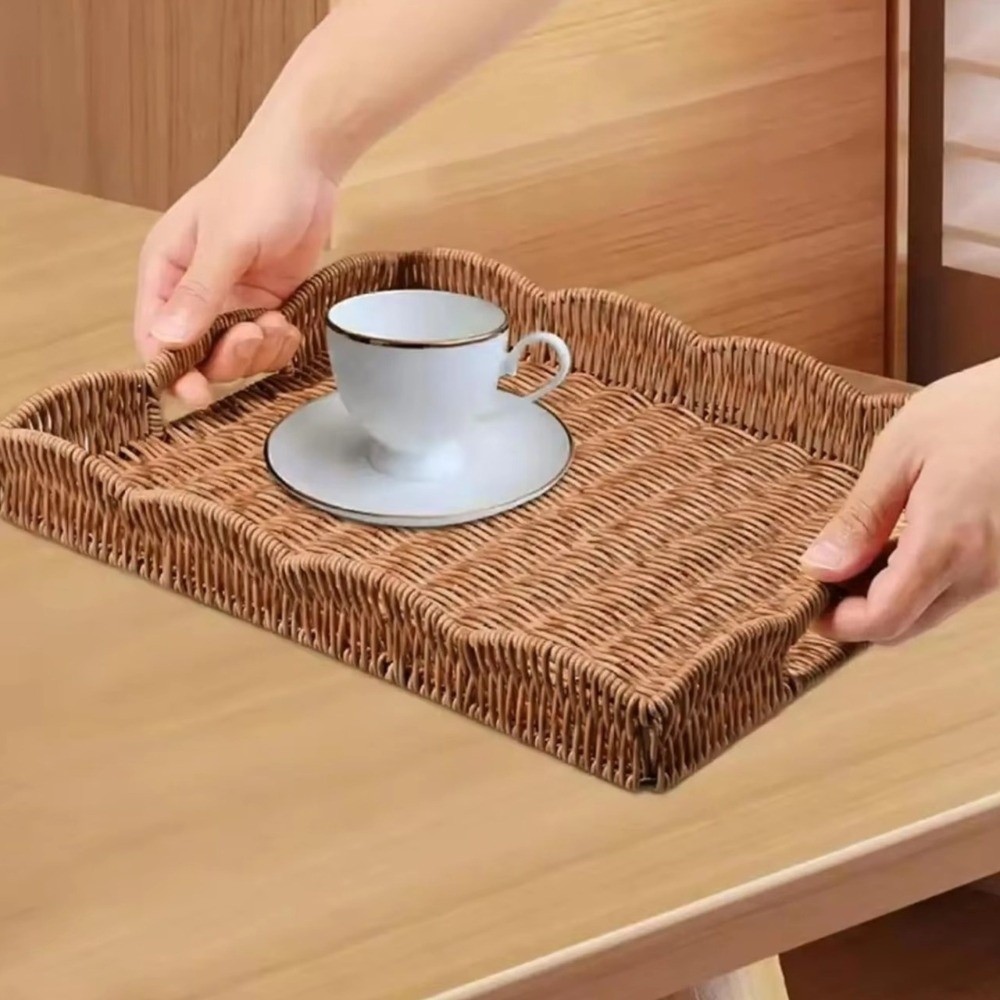 模造籐織物収納トレイ大容量長方形スナックフルーツバスケット素 - Rattan Tray Handle のレビューと価格