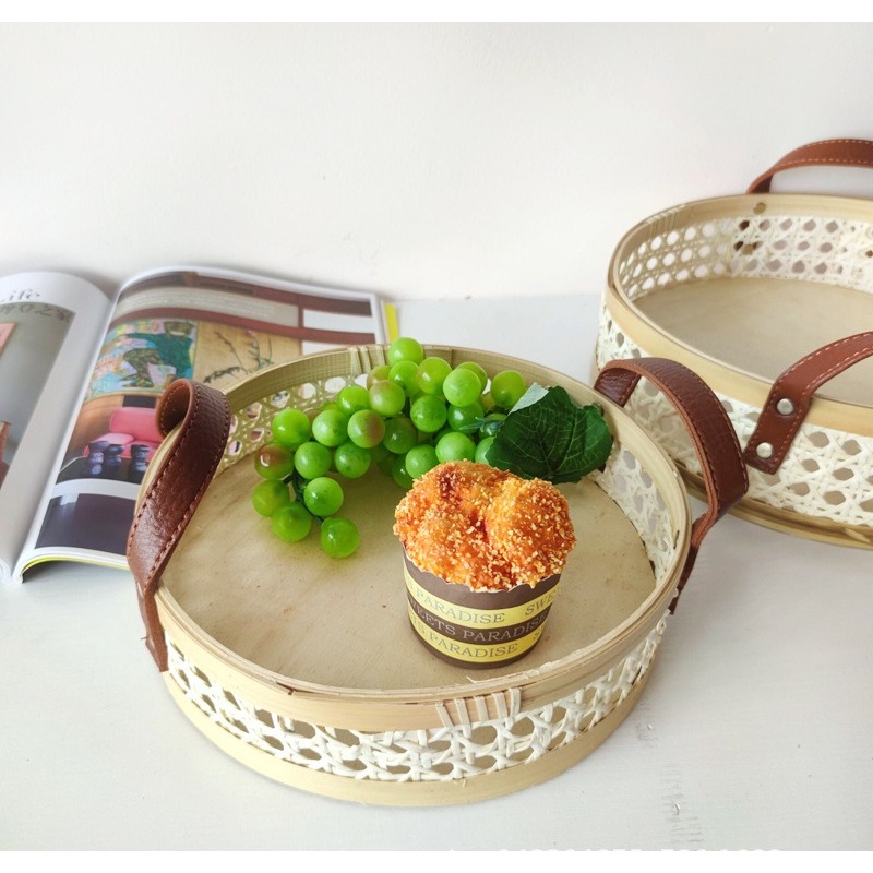 手作りレトロ北欧風ラタン製トレイ、革製ハンドル付き丸型、香水 - Rattan Tray Handle のレビューと価格