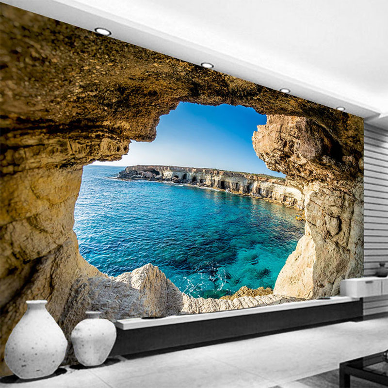 モダンな壁紙シンプルな洞窟の海の風景自然壁画リビングルームの - Interior Design Of House のレビューと価格