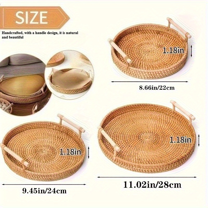 手作りのラタン丸盆、ダブルハンドル付き - お茶、フルーツ、 - Rattan Tray Handle のレビューと価格
