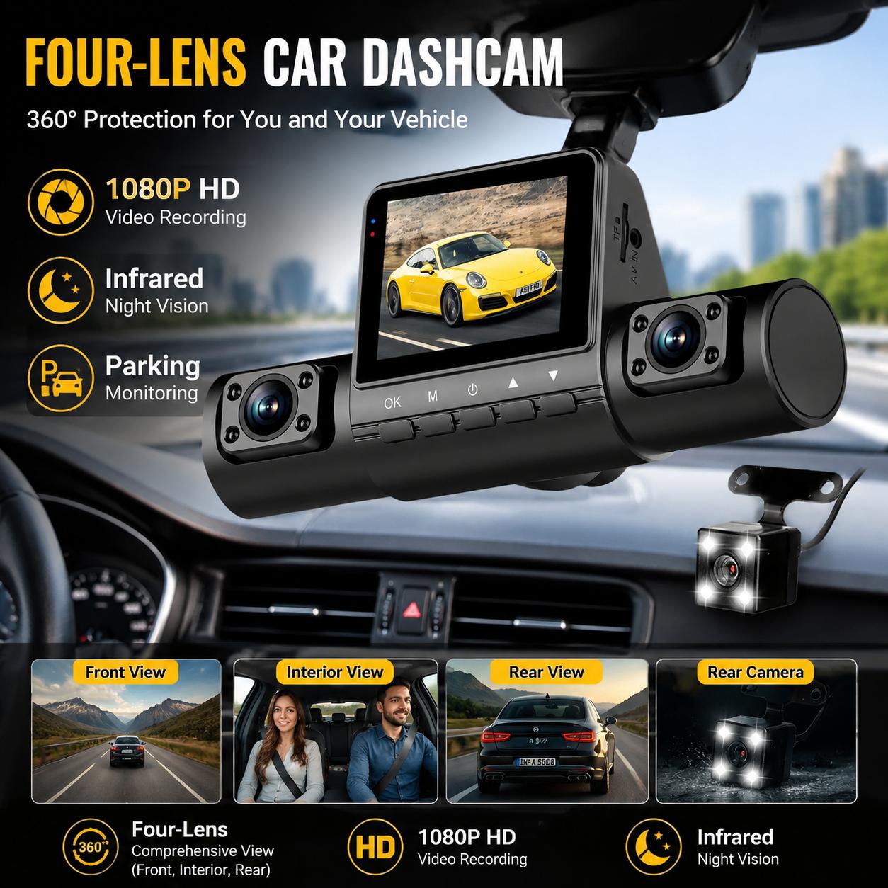 4レンズダッシュカム 1080PフルHD 360度ビュー 車 - Interior Design Degree のレビューと価格