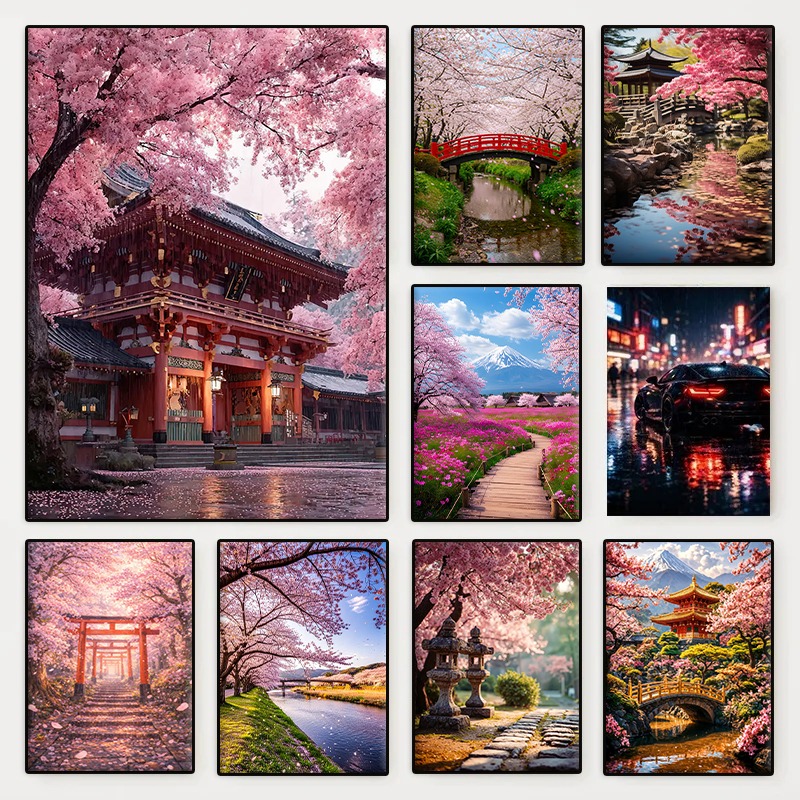 日本の庭園の風景桜の木ポスター桜の池美しい風景キャンバス絵画 - Interior Design Poster のレビューと価格