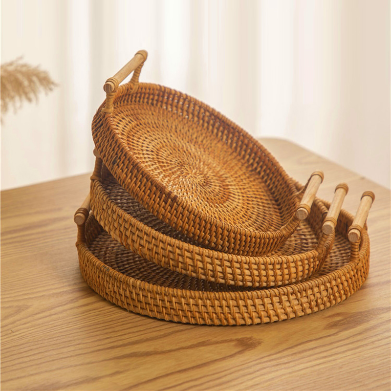 籐ストラップハンドル収納バスケットパンスナックフルーツラウン - Rattan Tray Handle のレビューと価格