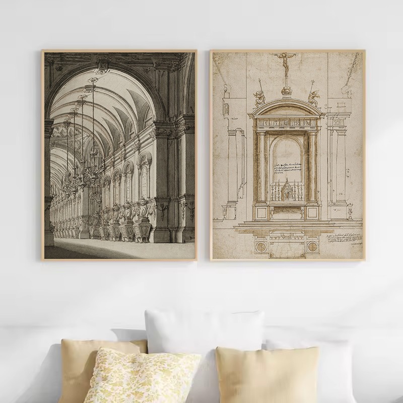 ヴィンテージ描画スケッチ幾何学建築教会ドーム美的キャンバスポ - Interior Design Poster のレビューと価格