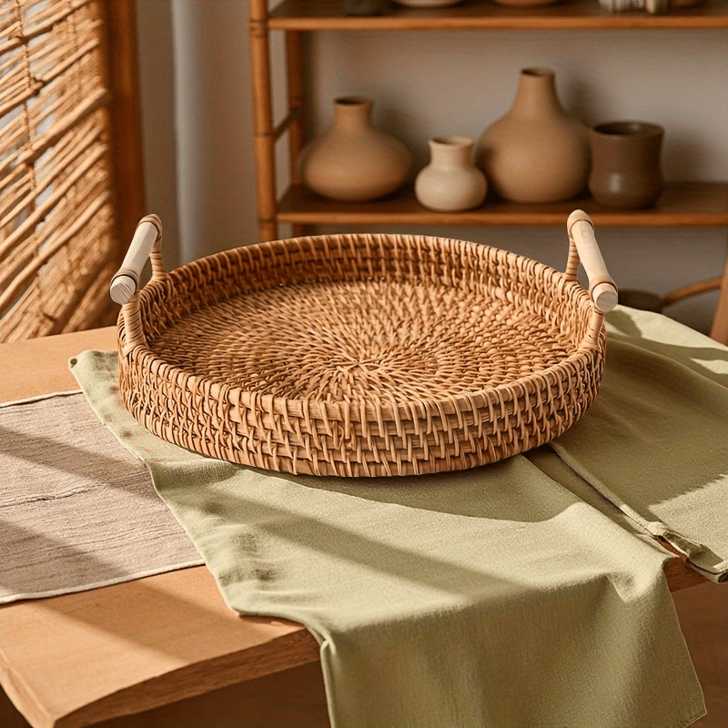 手作りラタン丸盆、ダブルハンドル付き - お茶、フルーツ、パ - Rattan Tray Handle のレビューと価格